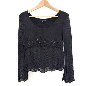 Bette Paige Y2K Beaded Bell Sleeve Babydoll Crochet Sweater Black Medium